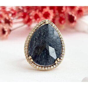 Blue Sapphire Corundum Teardrop Sterling Silver Vermeil Halo Vintage Ring - sz 8